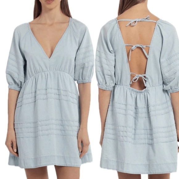 7 for All Mankind Blue Boho Babydoll Puff Sleeve Open Back Bow Mini Dress Sz S - Picture 1 of 13